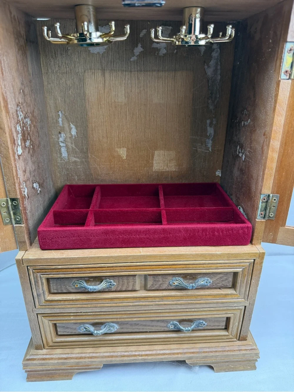 Vintage Wood 2 Door Jewelry Box Armoire Style Cabinet  Organizer &  Drawer